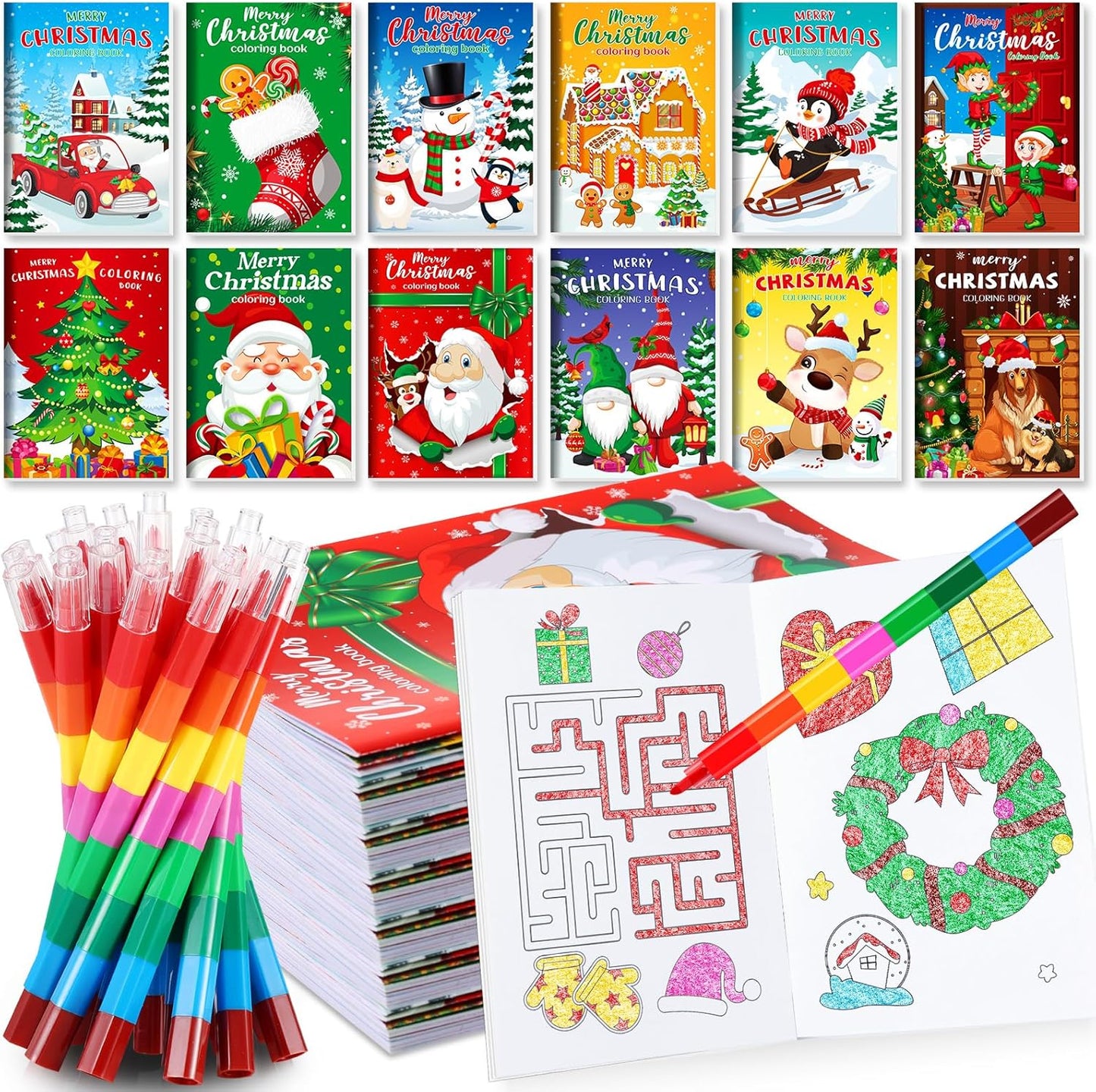 BenLouis 12 Christmas Mini Coloring Books Kids with 12 Stacking Crayons Christmas Theme Party Favors Small Activity Books Bulk for Kids Holiday Party Gift Goodie Bag Stuffers