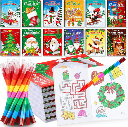 BenLouis 12 Christmas Mini Coloring Books Kids with 12 Stacking Crayons Christmas Theme Party Favors Small Activity Books Bulk for Kids Holiday Party Gift Goodie Bag Stuffers