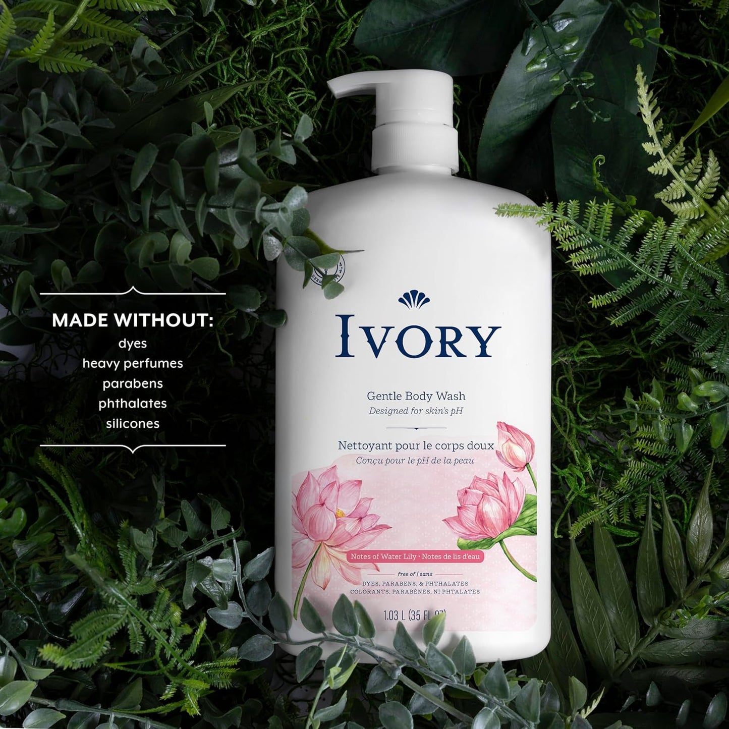 Ivory Body Wash, Designed for the Whole Family, Gentle Formula, Free of Dyes Heavy Perfumes Parabens Phthalates & Silicones, Water Lily Scent, 35 oz