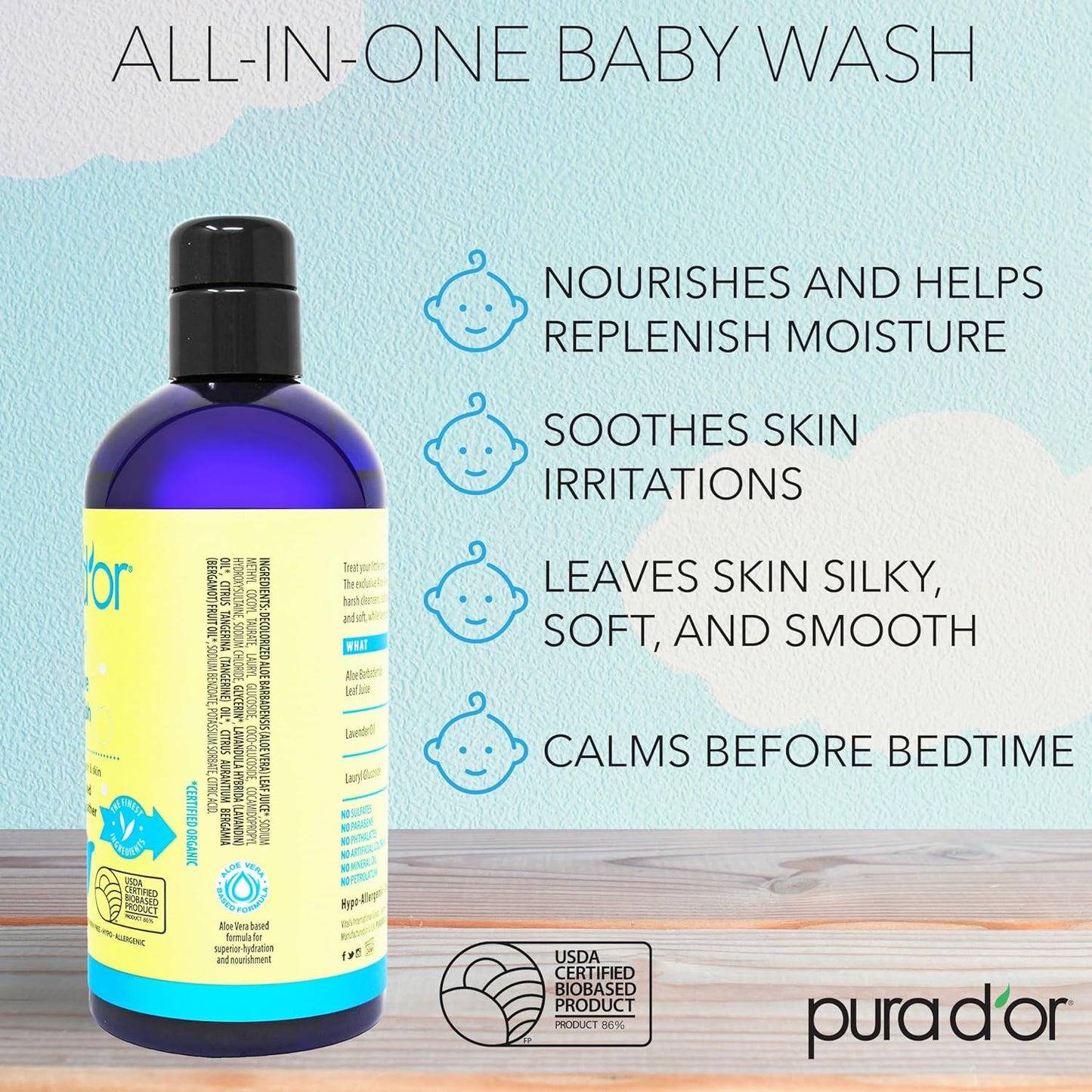 PURA D'OR 16 Oz All-in-One Calming Baby Wash & Shampoo For Hair & Entire Body, Tear Free, Sulfate Free, Natural Aloe Vera, USDA Biobased Gentle Formula