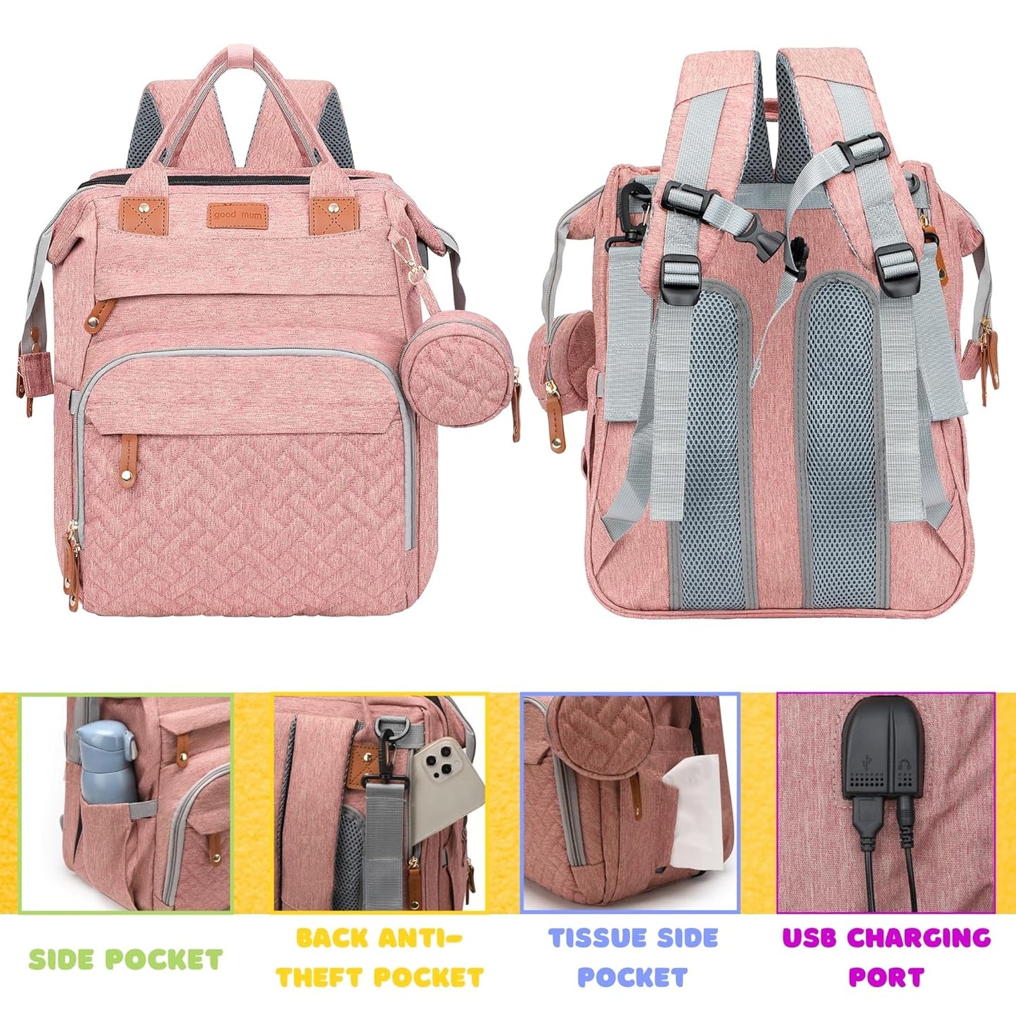 Diaper Bag, Baby Essentials, Multi-functional Large-capacity Diaper Bag Backpack, Best Gift for Newborns with Diaper Changing Station, Travel Essentials Diaper Bag Backpack (Pink)
