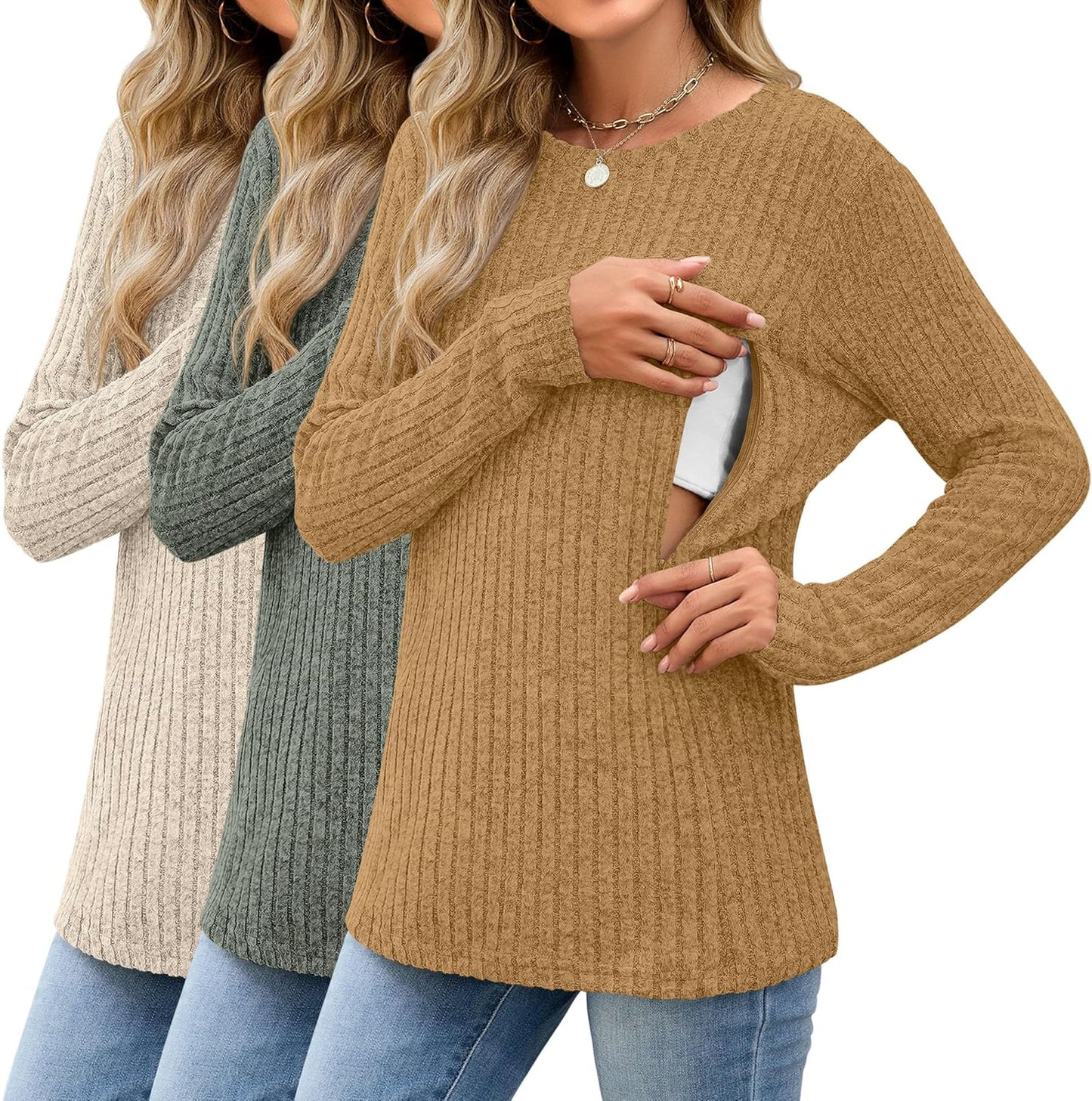 3 Pack Women's Nursing Long Sleeve Tops Breastfeeding Thermal Sweaters with Hidden Zipper Maternity Ribbed Shirts