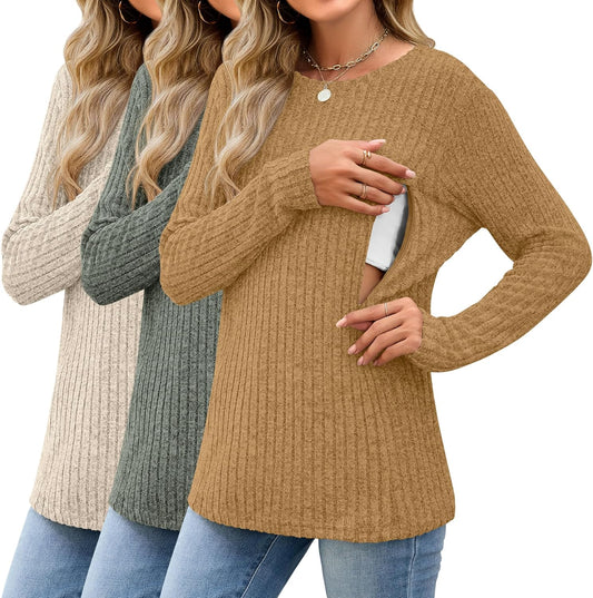 3 Pack Women's Nursing Long Sleeve Tops Breastfeeding Thermal Sweaters with Hidden Zipper Maternity Ribbed Shirts