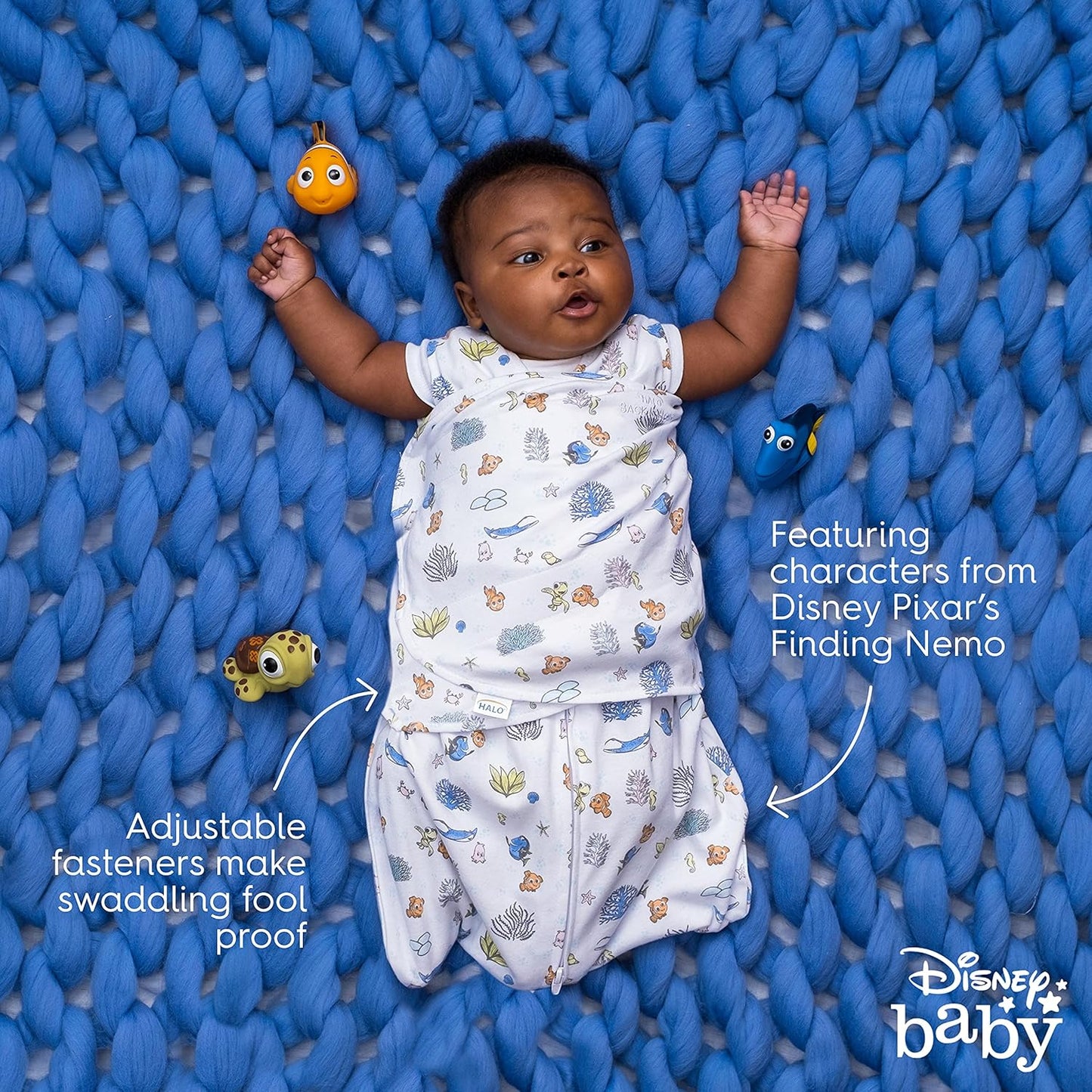 HALO Disney Baby Finding Nemo 100% Cotton Sleepsack Swaddle, 3-Way Adjustable Wearable Blanket, Great Barrier Reef, Small, 3-6 Months