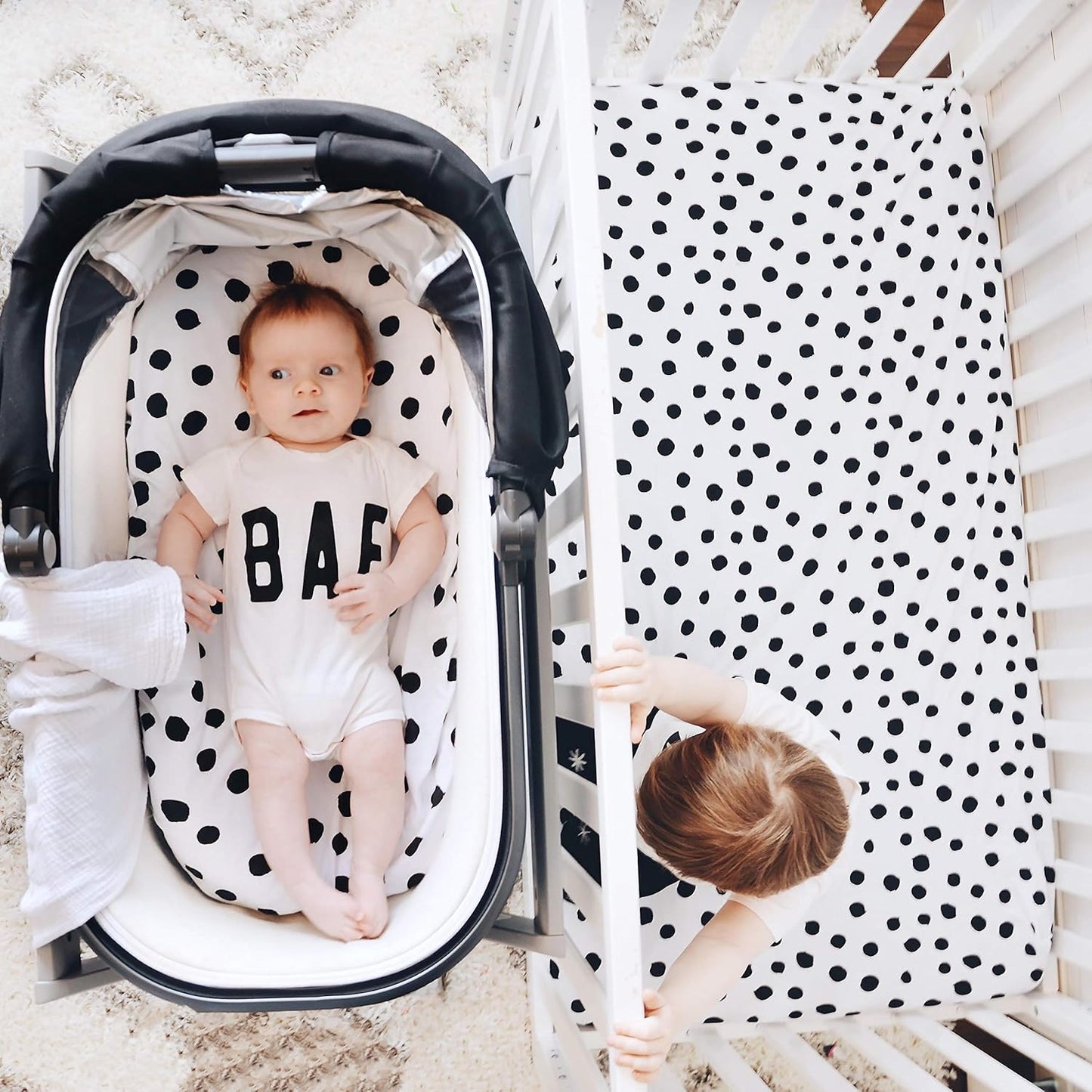 Bassinet Sheet Set 2 Pack 100% Jersey Cotton Black and White Abstract Stripes and Dots by Ely's & Co