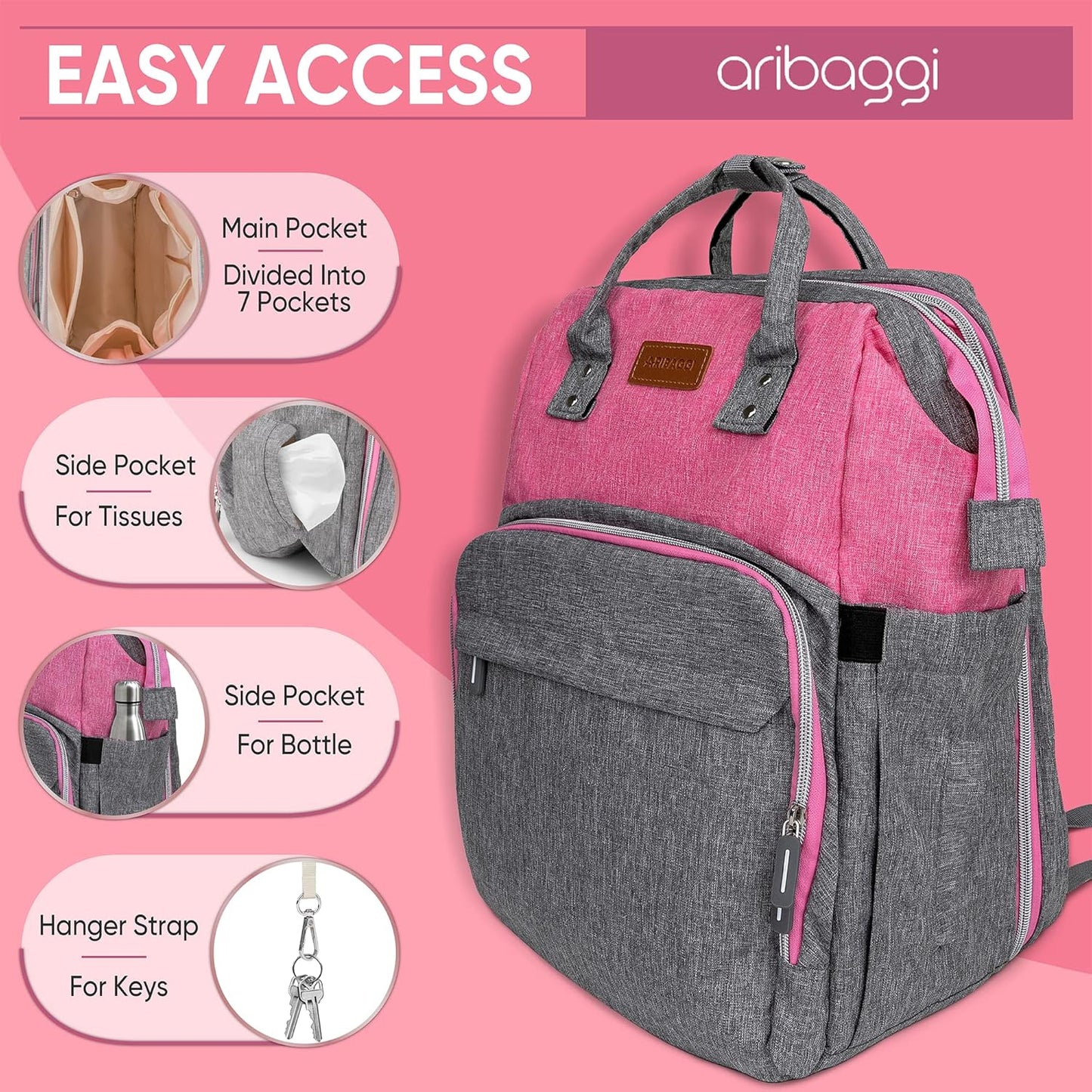Grey Pink Baby Diaper Bag Backpack with Changing Station for Boy & Girl, Multifunction Large Diaper Bag Backpack for Mom, waterproof travel diaper bag for women, pañaleras para bebe niña