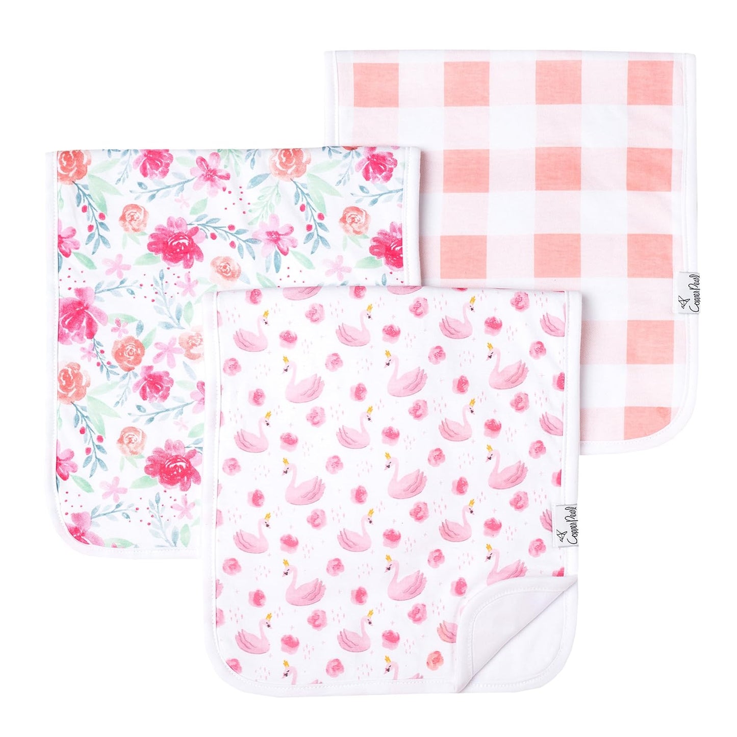 Copper Pearl Premium Baby Burp Cloths - 3-Pack Large Cotton Burp Cloths, Extra Soft Spit Up Rags with 3 Absorbent Layers, Perfect for Baby Girl Gifts (21" x 10" Size, June Set)