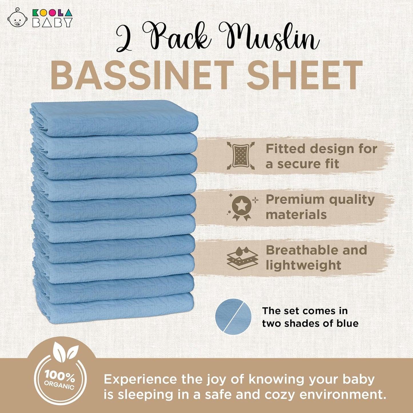 Bassinet Fitted Sheets - Compatible with Halo Bassinest Swivel Sleeper | 100% Organic Muslin Cotton - Light Blue + Dark Blue | 30x16 (2 Pack)