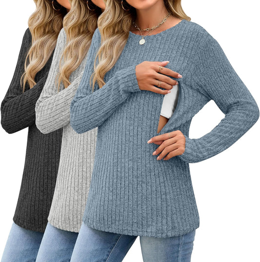 3 Pack Women's Nursing Long Sleeve Tops Breastfeeding Thermal Sweaters with Hidden Zipper Maternity Ribbed Shirts