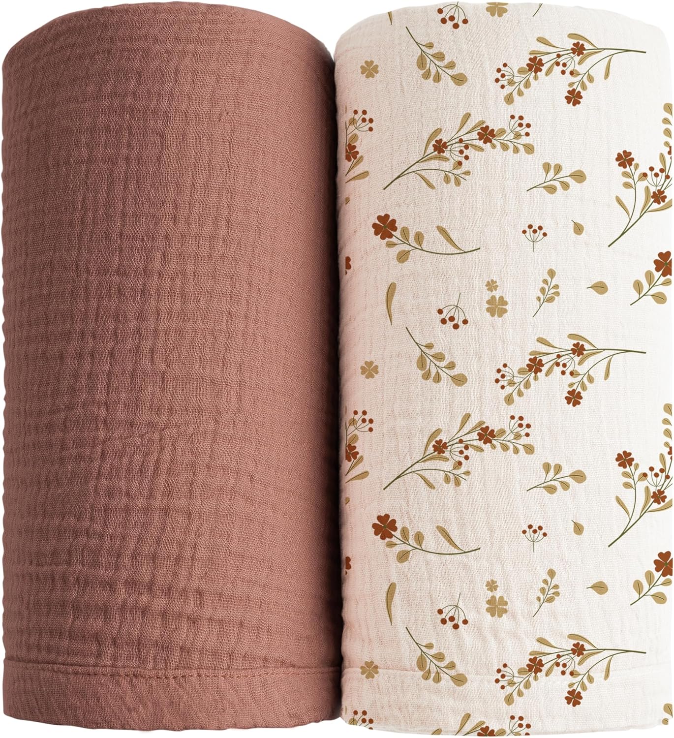 Konssy Muslin Swaddle Blankets for Boys Girls, 2 Pack Receiving Baby Blanket Large 47 x 47 inches, Soft Breathable Swaddling Wrap for Unisex Newborn (Chestnut, Posy)