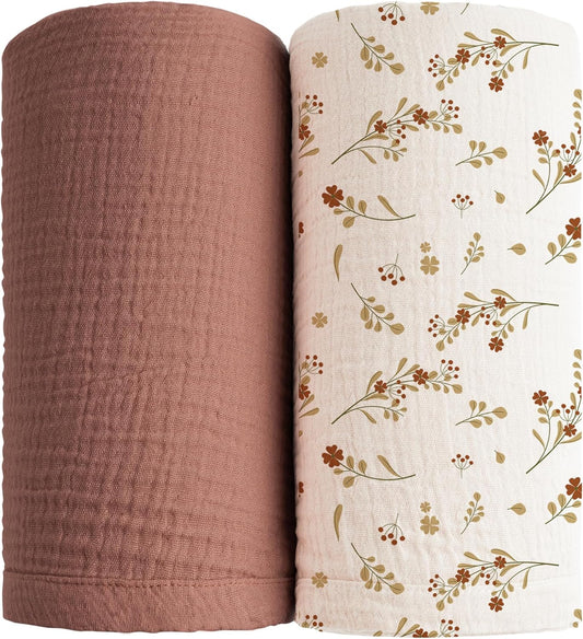 Konssy Muslin Swaddle Blankets for Boys Girls, 2 Pack Receiving Baby Blanket Large 47 x 47 inches, Soft Breathable Swaddling Wrap for Unisex Newborn (Chestnut, Posy)