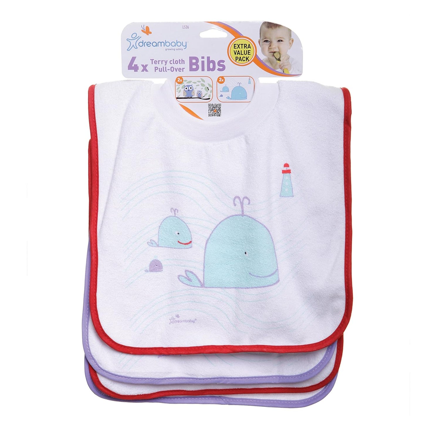 Dreambaby Terry Cloth Cotton Pullover Baby Bibs for Teething Feeding and Drooling - Super Absorbent & Extra Soft - Machine Washable for Easy Cleaning - Owl and Whales