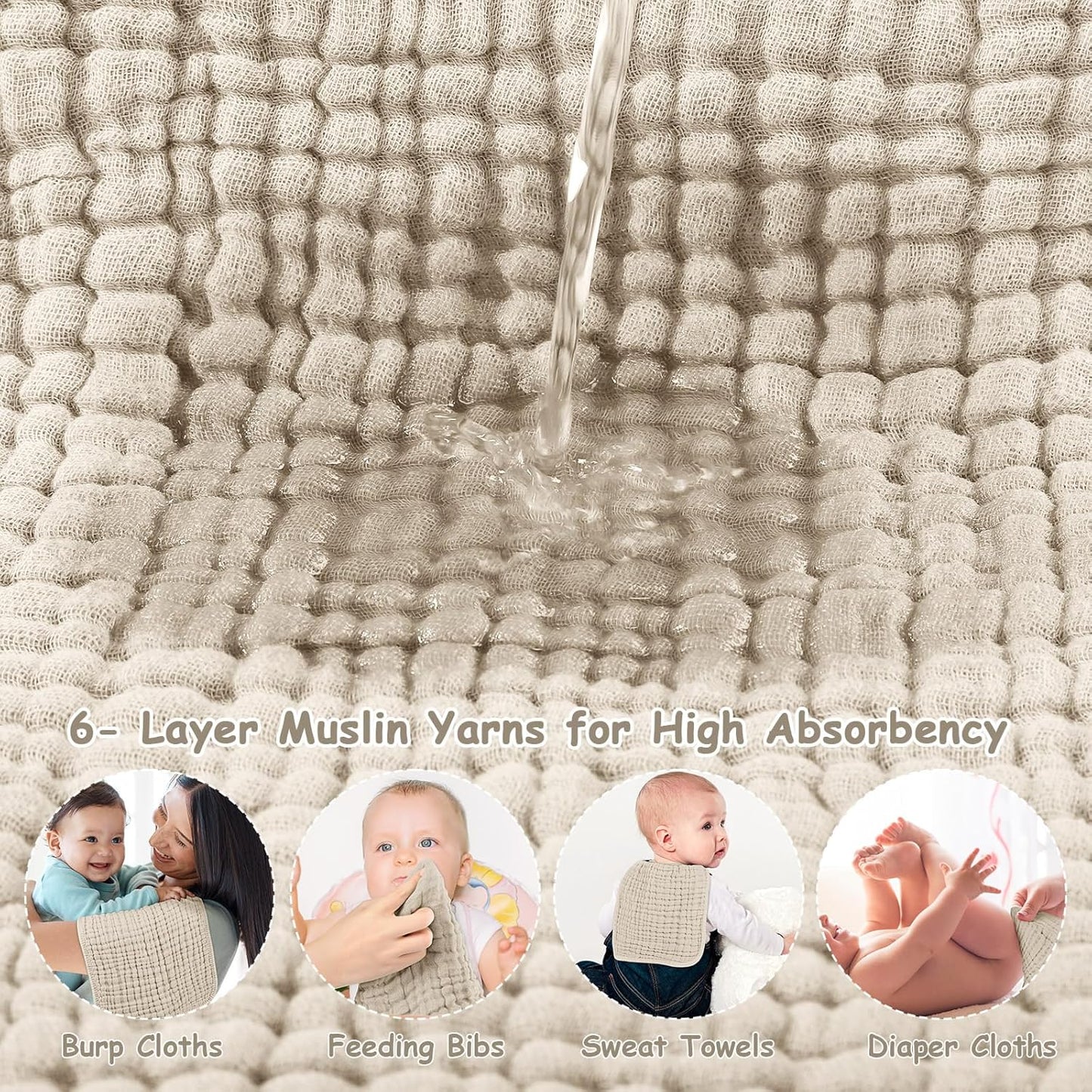 Looxii Muslin Burp Cloths 6 Pack - 20" x 10" - Ultra Soft & Absorbent, 6-Layer 100% Cotton for Spit Up & Drool- Gentle Neutral Burping Cloths, Baby Newborn Essentials Gifts for Boys Girls, Apricot