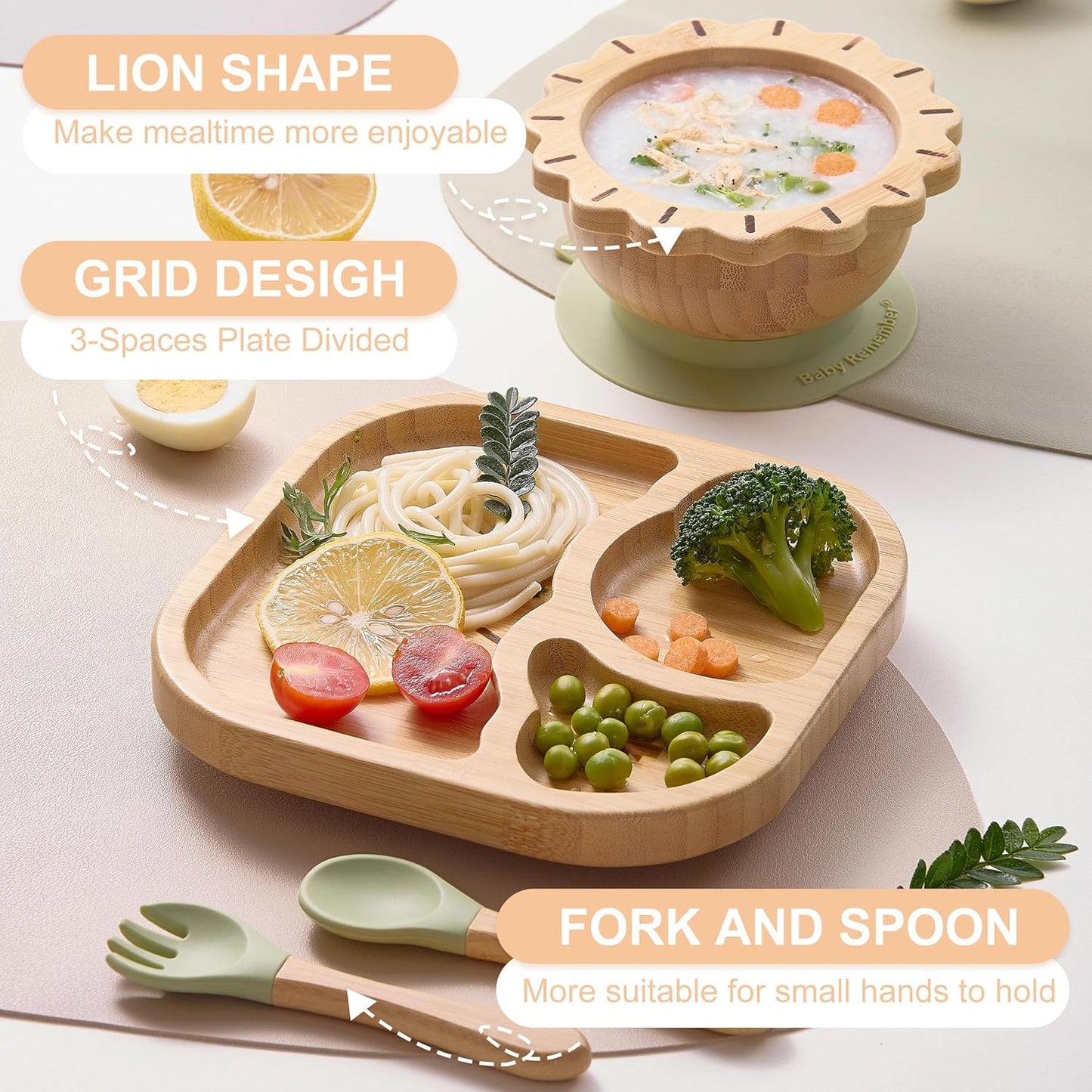 Suction Plates Bowls Set for Baby Toddler Non-Toxic Bamboo Feeding Set with Silicone Fork & Spoon (Green Feeding Set)