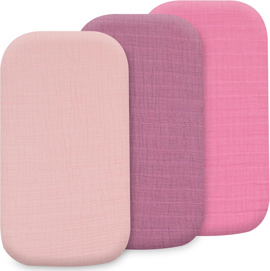 3-Pack Organic Muslin Bassinet Fitted Sheets, Compatible with Halo, Snoo, Graco, Dream On Me, Delta, and Other Standard Size Bassinets - Fits Oval, Hourglass, & Rectangle Shapes (32 x 16 x 4 Inches)