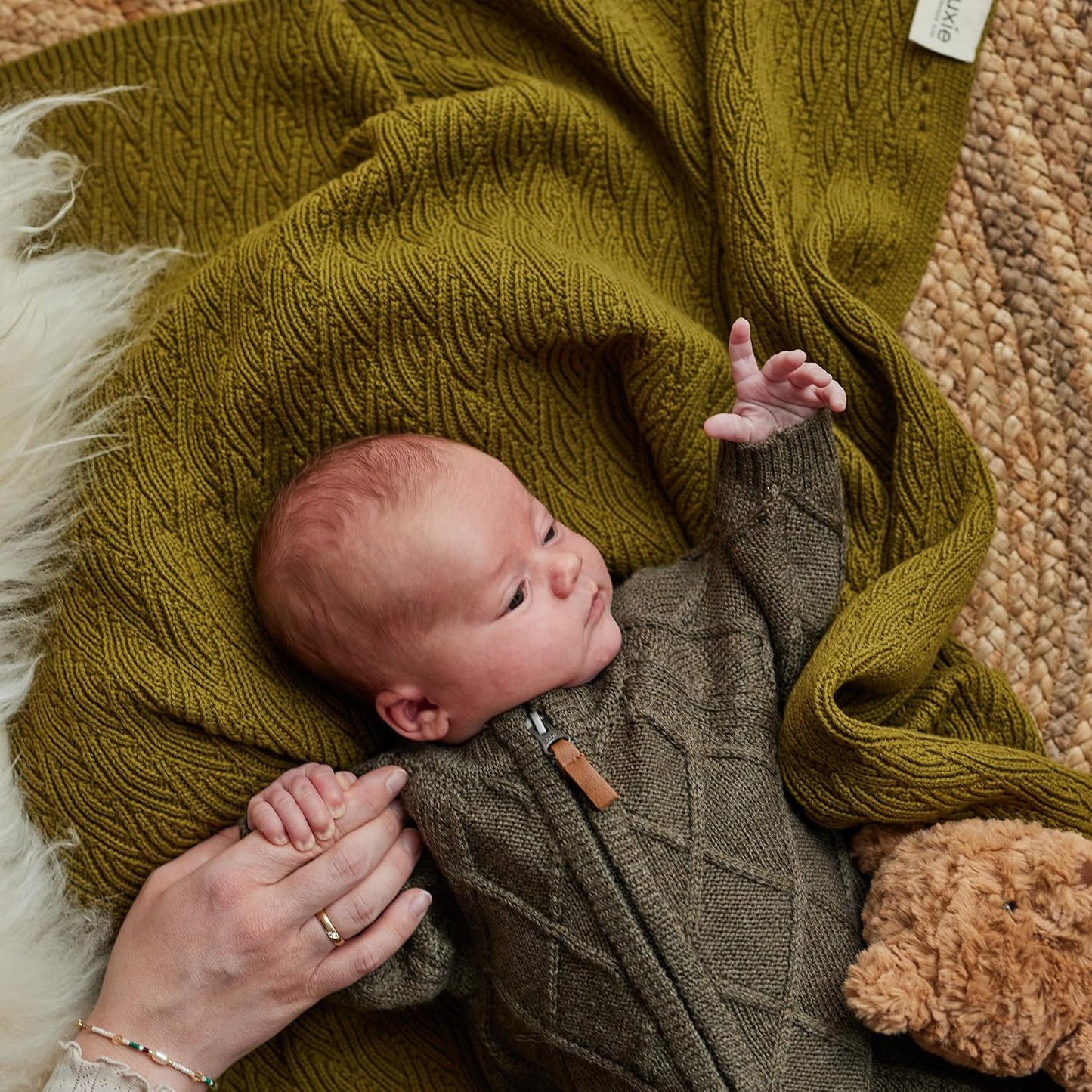 Knitted Organic Cotton Baby Blanket- Swaddle Blanket, 30" x 40" Soft Receiving Blanket for Newborn (Moss Green)