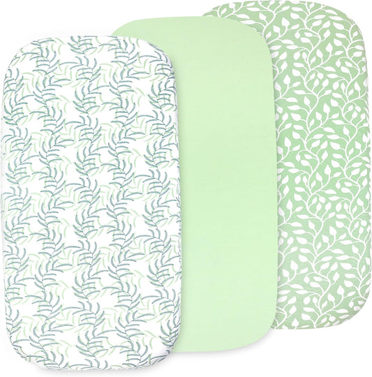 3-Pack Bedside Sleeper Bassinet Sheets | GOTS Certified Organic Jersey Cotton, Ultra Soft & Breathable | 33x20x4” Fitted Sheets for Baby Bassinet Mattress | Universal Fit for 17–21” x 29–33” Pads