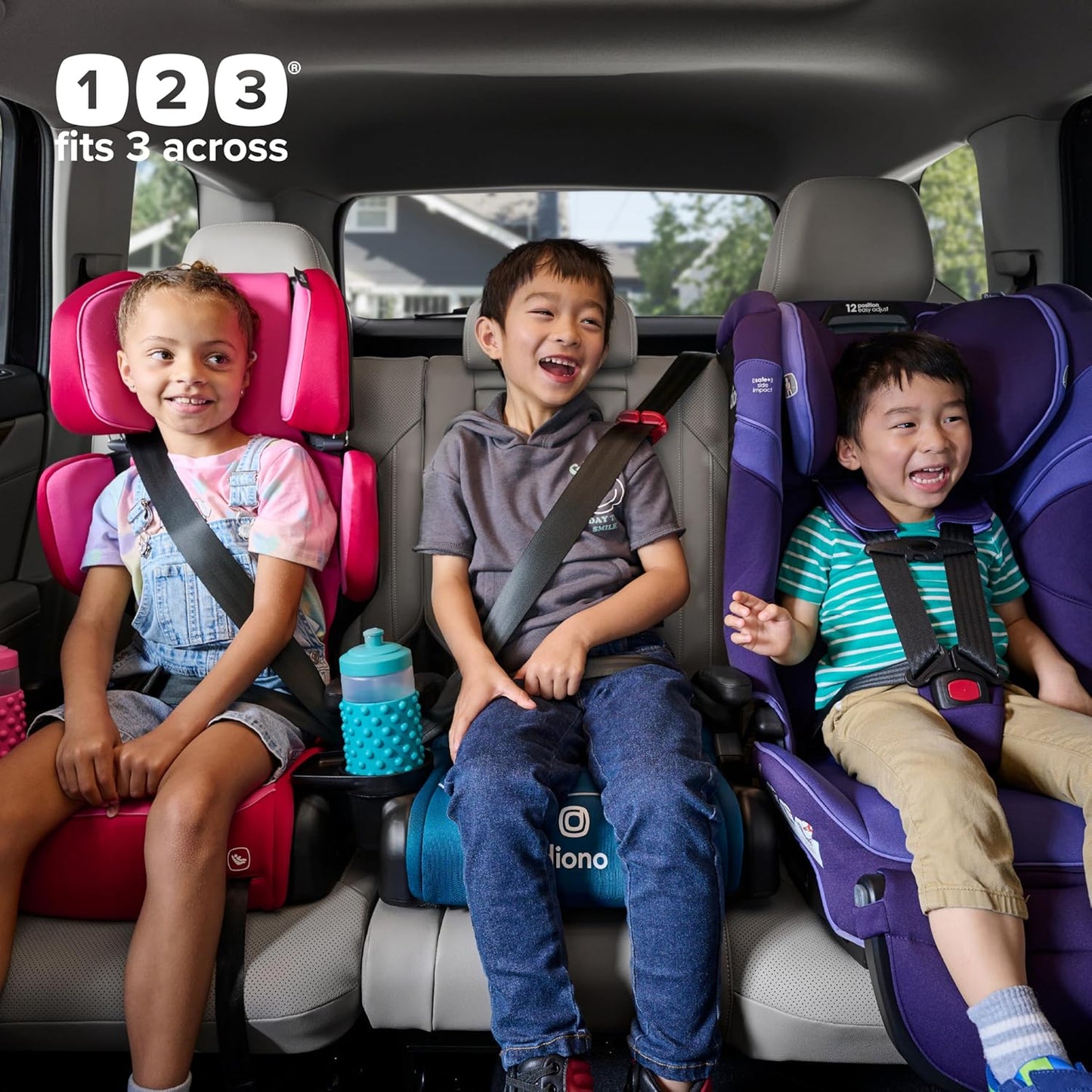 Diono Connect3 R Backless Booster Pack of 2, Slim Fit 3-Across in Many Mid-Sized Sedans and SUVs, for Children from 40-120 lbs., Lightweight with Cupholder, Blue Surge/Pink Cotton Candy