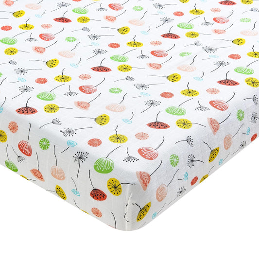 Margaux & May Organic Muslin Cotton Baby Crib Sheet, Dandelion Print, Fitted, Breathable, Toddler Bedding, 52 x 28, Deep Pocket, Organic Crib Sheets for Cozy Sleep
