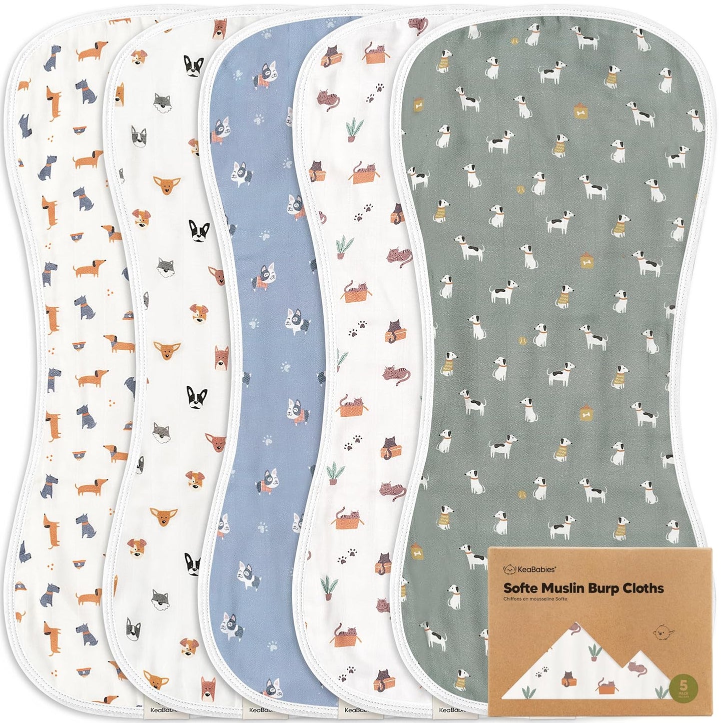 5-Pack Muslin Burp Cloths Baby Boy, Girl - Very Absorbent Baby Burp Cloth Rags, 8-Layers Viscose Derived from Bamboo Cotton Muslin Towel, Super Soft Spit Up Rags, No Shrink Washcloths (Pets & Paws)