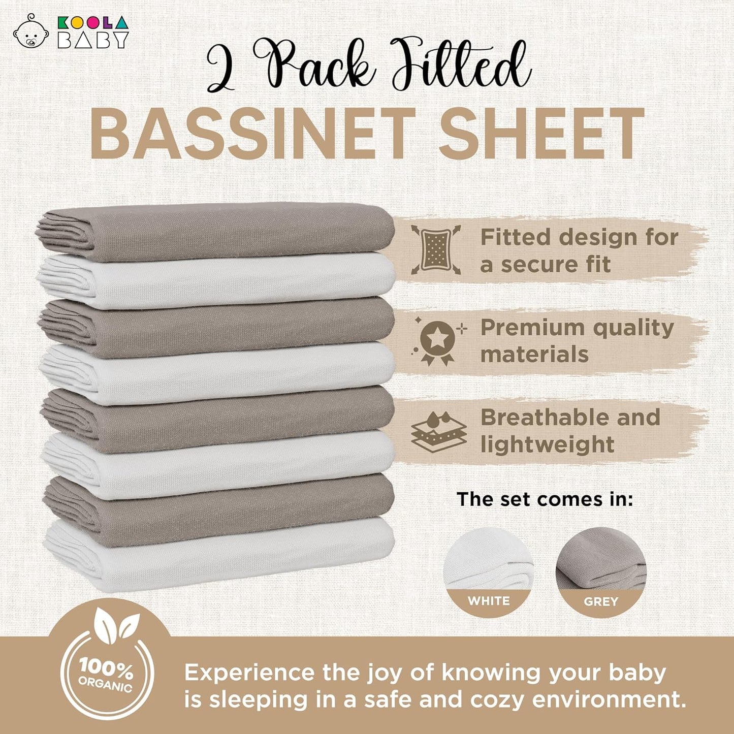 Bassinet Fitted Sheets - Compatible with Amke, Ronbei, Pamobabe, and Nordmiex | 100% Organic Jersey Cotton - White + Grey | 32x19 (2 Pack)