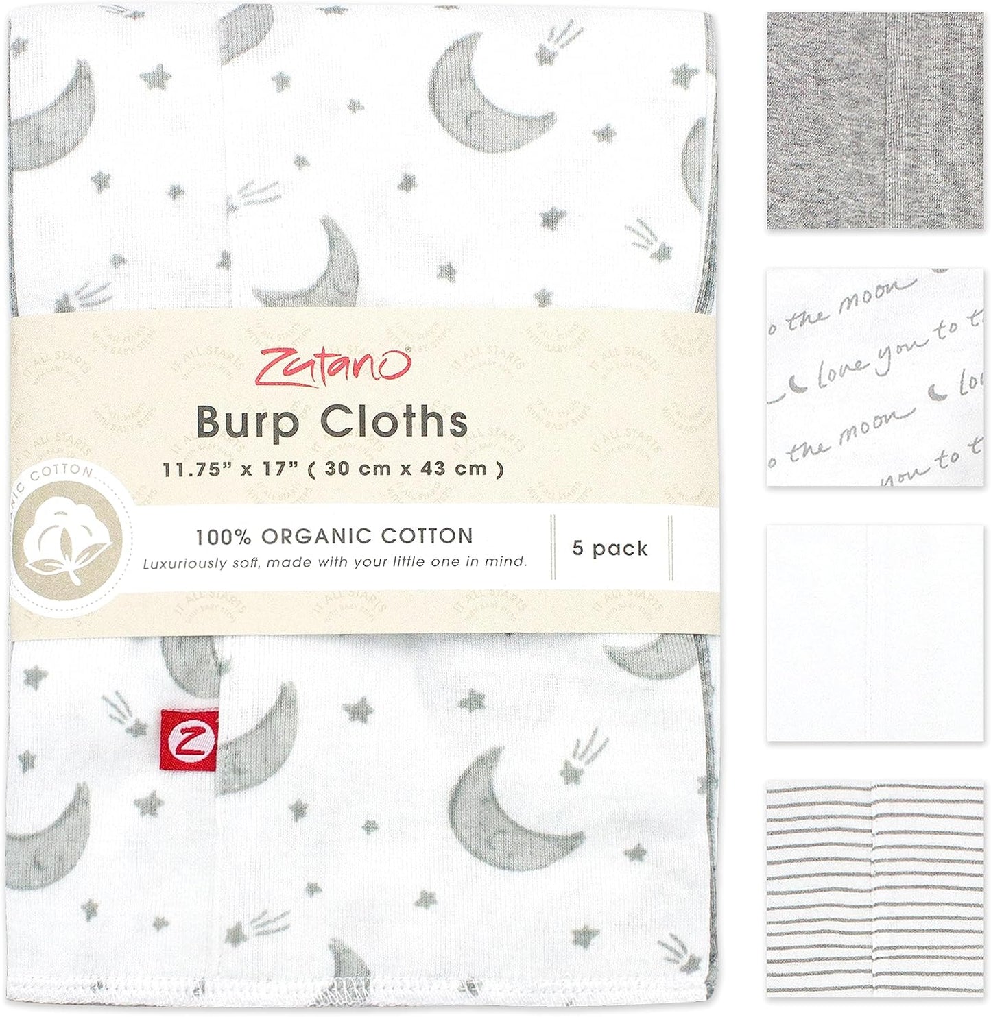 Zutano 5-Pack Organic Burp Cloths for Baby Girl & Boy, Large Cotton Burping Cloths for Babies | Absorbent Baby Spit-Up Rags | Gender Neutral Burp Clothes | Newborn Essentials, Love You to The Moon