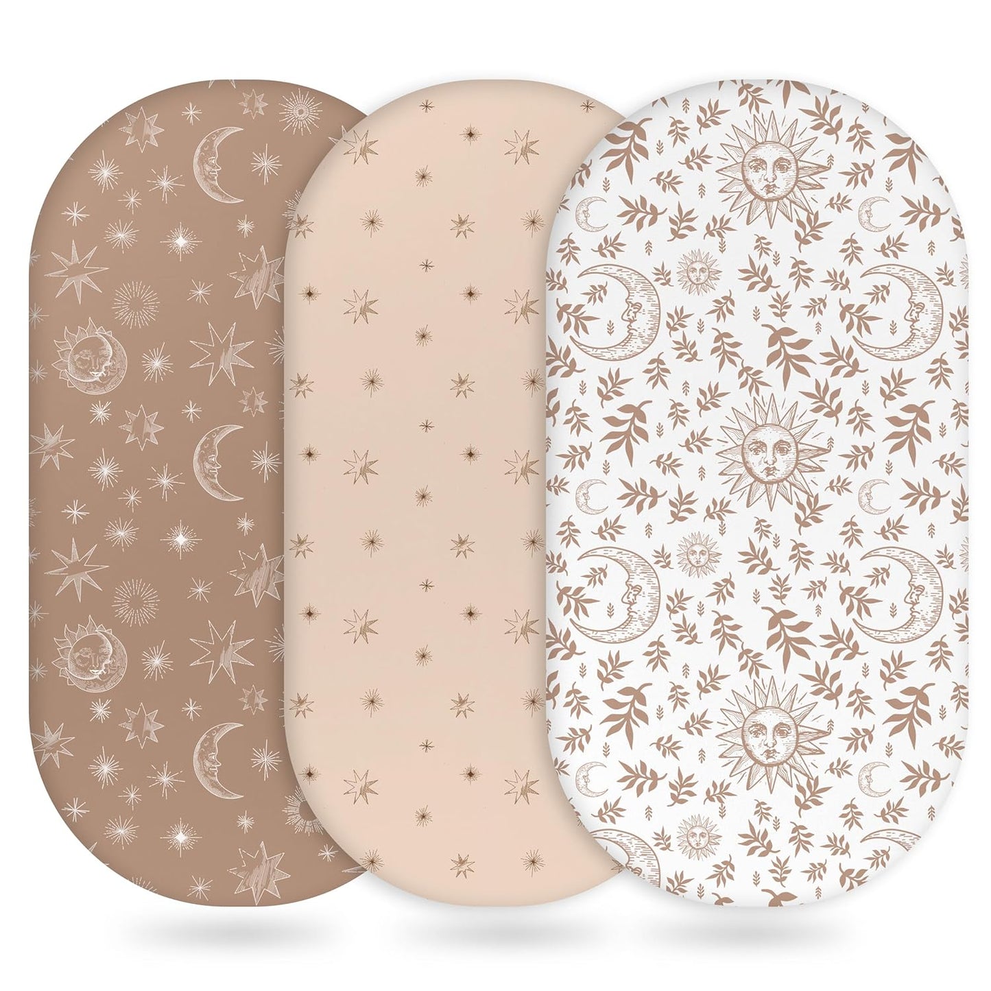 Baby Bassinet Sheets Girl Boy, Fitted Bassinet Sheet Set 3 Pack Bassinet Mattress Sheets Universal Fit for Rectangle, Round, Oval, Hourglass Mattress, Soft Breathable White Brown Sun God
