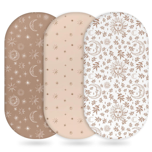 Baby Bassinet Sheets Girl Boy, Fitted Bassinet Sheet Set 3 Pack Bassinet Mattress Sheets Universal Fit for Rectangle, Round, Oval, Hourglass Mattress, Soft Breathable White Brown Sun God