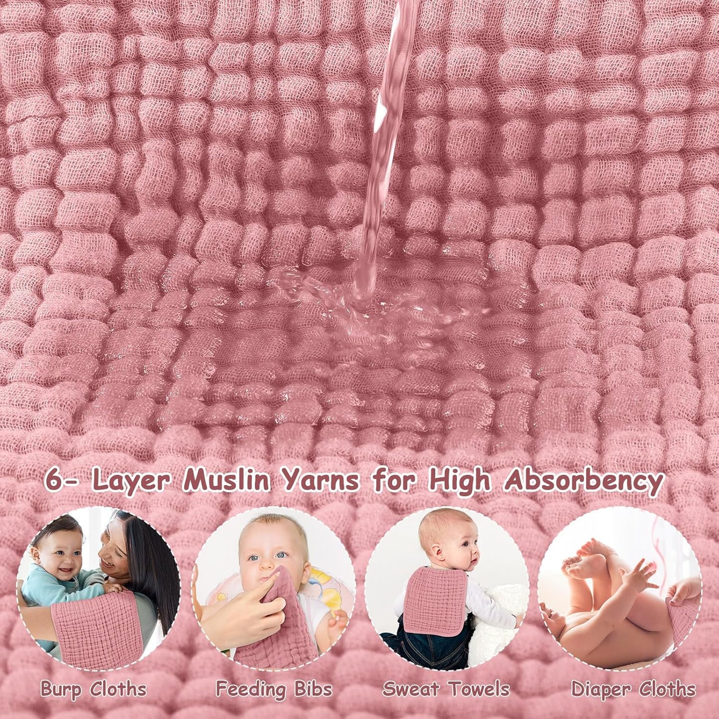Looxii Muslin Burp Cloths Baby Girl 6 Pack - 20" x 10" - Ultra Soft & Absorbent, 6-Layer 100% Cotton for Spit Up & Drool- Gentle Burping Cloth, Baby Girl Newborn Essentials Shower Gifts, Bean Paste