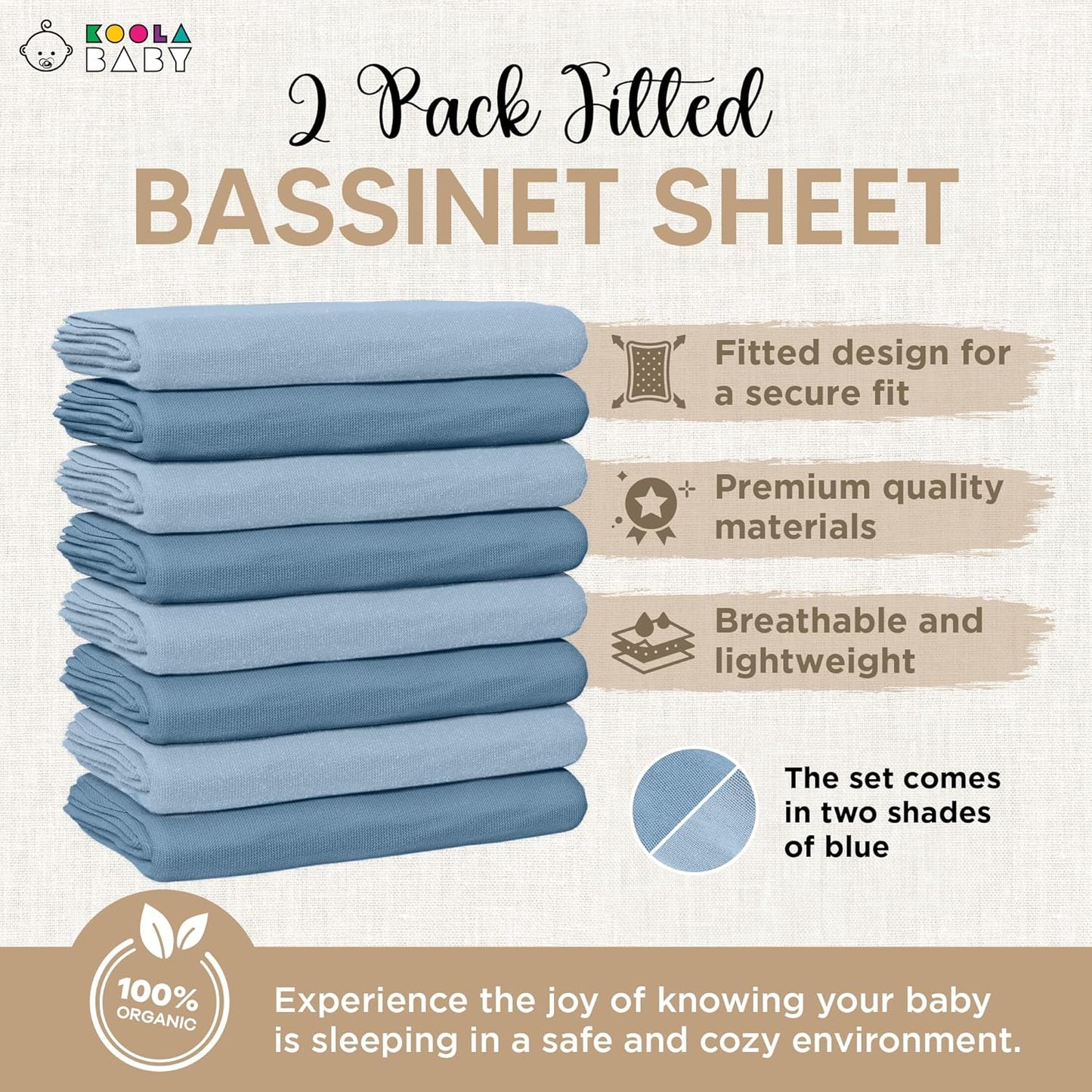 Bassinet Fitted Sheets - Compatible with 4moms MamaRoo Sleep Bassinet | 100% Organic Jersey Cotton - Light Blue + Dark Blue | 30x18 (2 Pack)