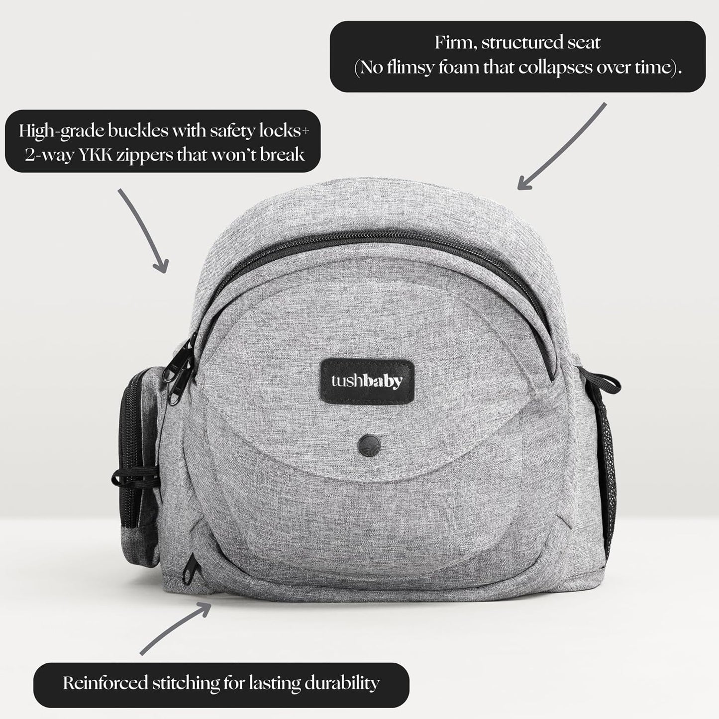 Tushbaby Ergonomic Hip Seat Carrier- for Babies and Toddlers 0-3yrs, Safety Approved, Structured Support, Convenient Pockets, Feeding Aid, Durable YKK Zippers, Foam-Free Build, (Grey)