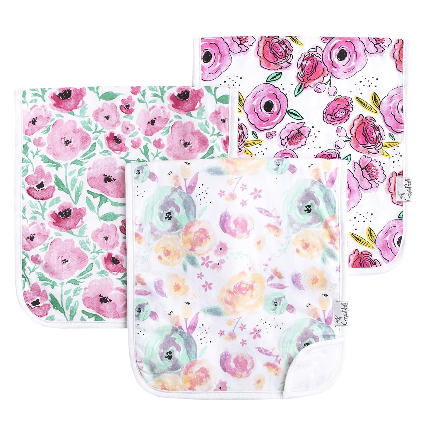 Copper Pearl Premium Baby Burp Cloths - 3-Pack Large Cotton Burp Cloths, Extra Soft Spit Up Rags with 3 Absorbent Layers, Perfect for Baby Girl Gifts (21" x 10" Size, Bloom Set)