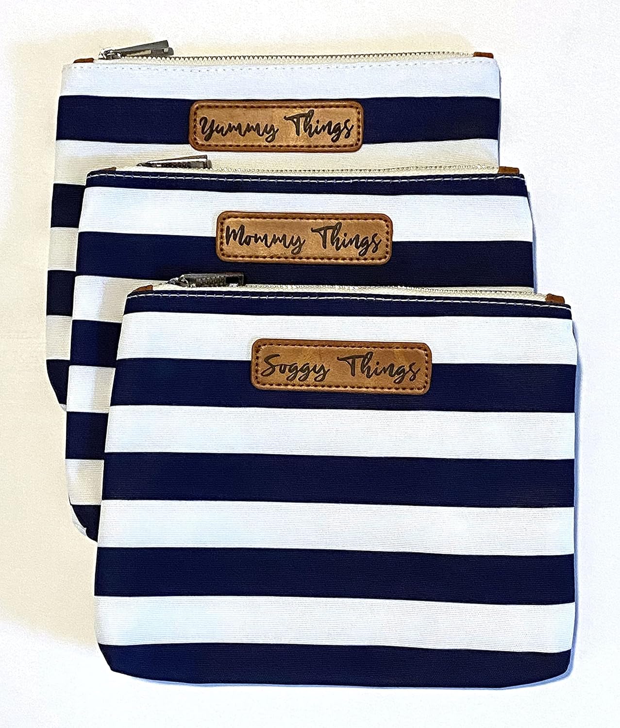 Stylish Diaper Bag Organizing Pouches - XL Set of 4 Navy and White Striped Canvas Diaper Bag Pouches with Leather Embossed Labels, Leather Wristlet Strap & Durable Metal Zippers