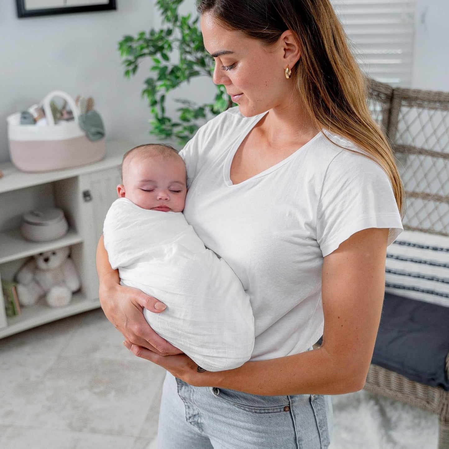 Comfy Cubs Muslin Swaddle Blankets Pack of 2 - 47 x 47 Inch Soft Cotton Baby Blanket Set, Large Multipurpose Wraps for Newborns - Self-Soothing Swaddles for Newborns - White