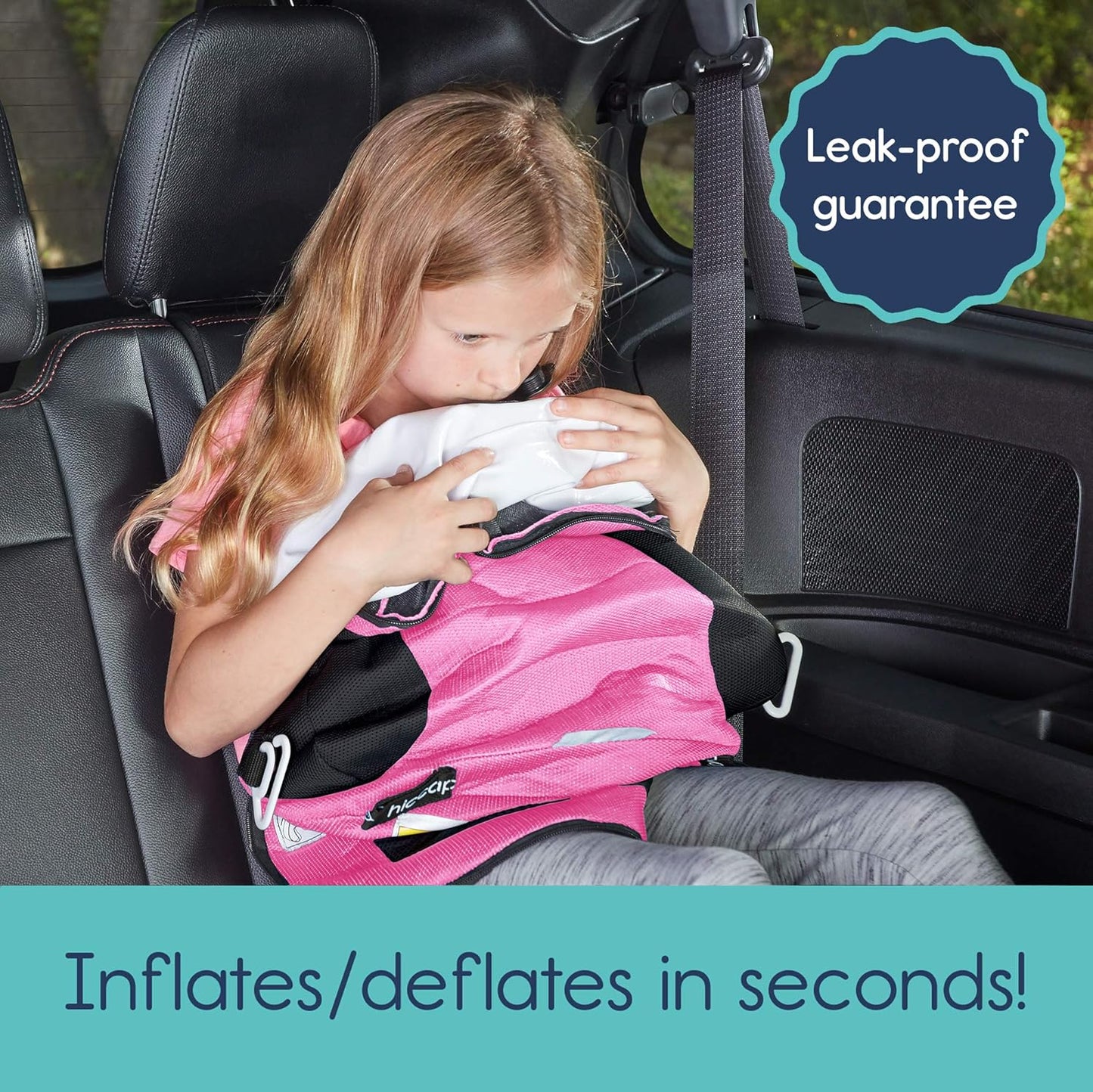 Hiccapop UberBoost Inflatable Booster Car Seat | Blow up Narrow Backless Booster Car Seat for Travel | Portable Booster Seat for Toddlers, Kids, Child | Pink/Black