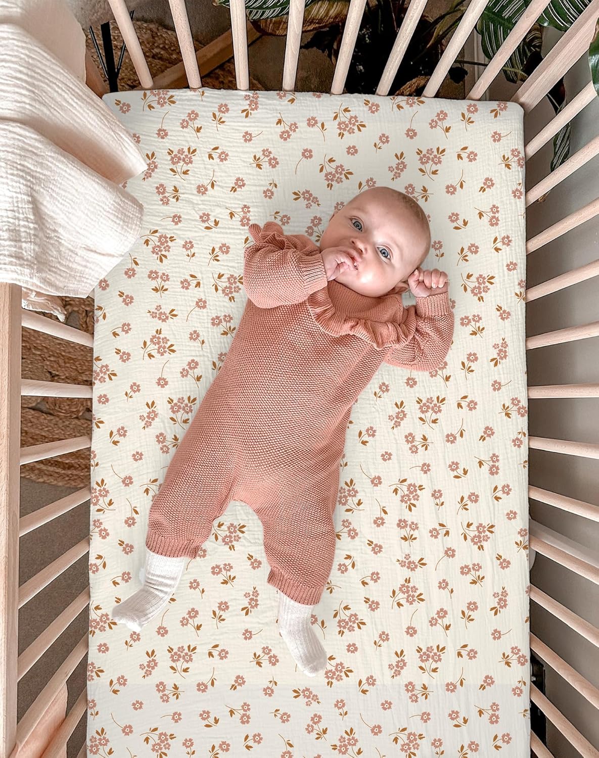 Crib Sheets for Baby Boy Girl 2 Pack, Fitted Crib Mattress Sheet 28" x 52", Muslin Toddler Bedding with Neutral Style, Nursery Bedding Essentials (Floral & Pink)