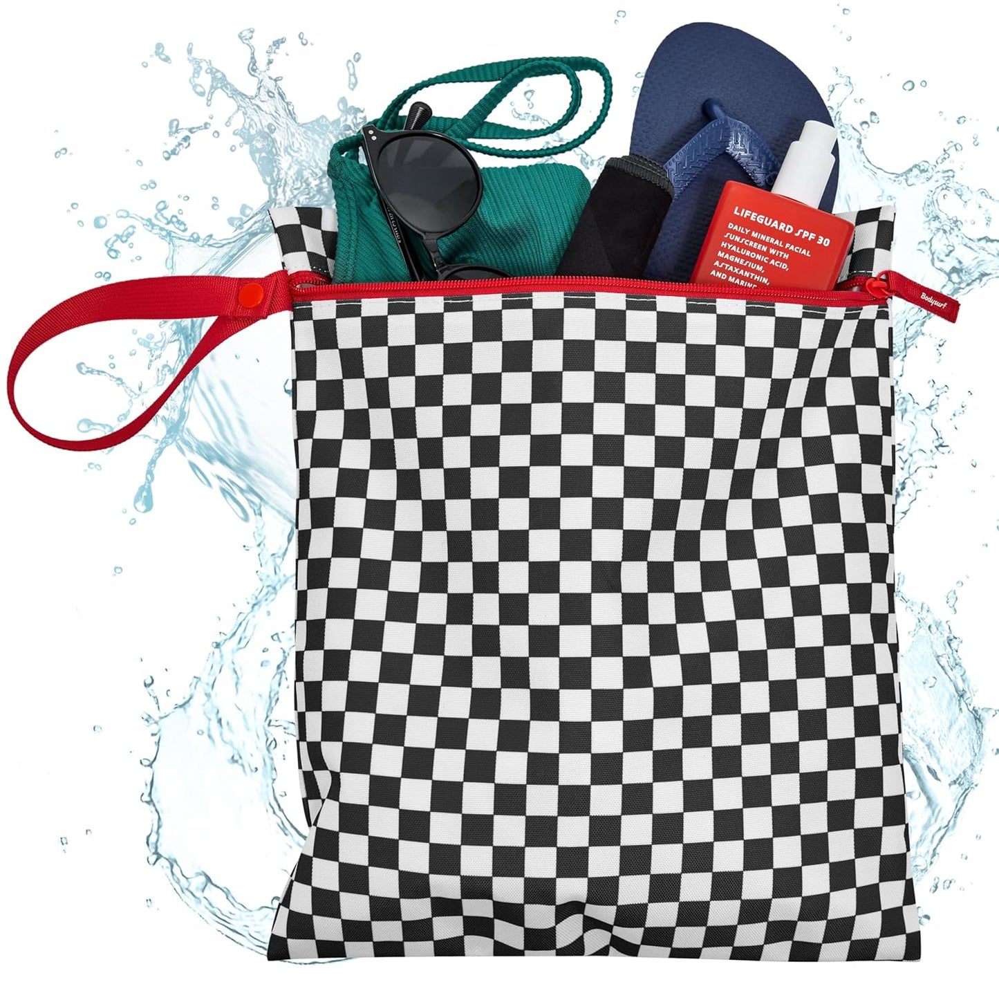 Bodysurf Waterproof Wet Bag for Swimsuit, Travel, Baby Essentials - Reusable Compact Organizer & Lightweight Storage for Dirty Laundry, Cloth Diapers, Gym, Yoga, Beach, Pool - Black, Checkered