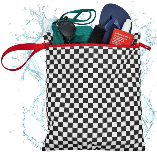 Bodysurf Waterproof Wet Bag for Swimsuit, Travel, Baby Essentials - Reusable Compact Organizer & Lightweight Storage for Dirty Laundry, Cloth Diapers, Gym, Yoga, Beach, Pool - Black, Checkered