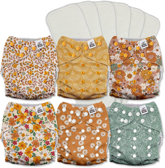 Mama Koala 3.0 Pocket Cloth Diapers for Babies with AWJ Lining, 6 Pack with 6 5-Layer Natural Cloth Diaper Inserts - Reusable and Washable Pocket Diapers(A-Little Daisies)