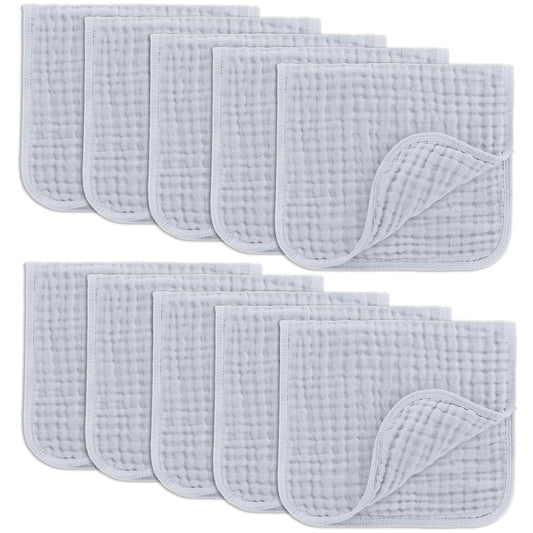 Comfy Cubs Muslin Burp Cloths 20" x 10", Pack of 10 - Large, 6-Layer, Ultra Absorbent 100% Cotton for Baby Drool and Messes - Soft, Safe & Gentle Baby Burp Cloths for Boys & Girls - Slate