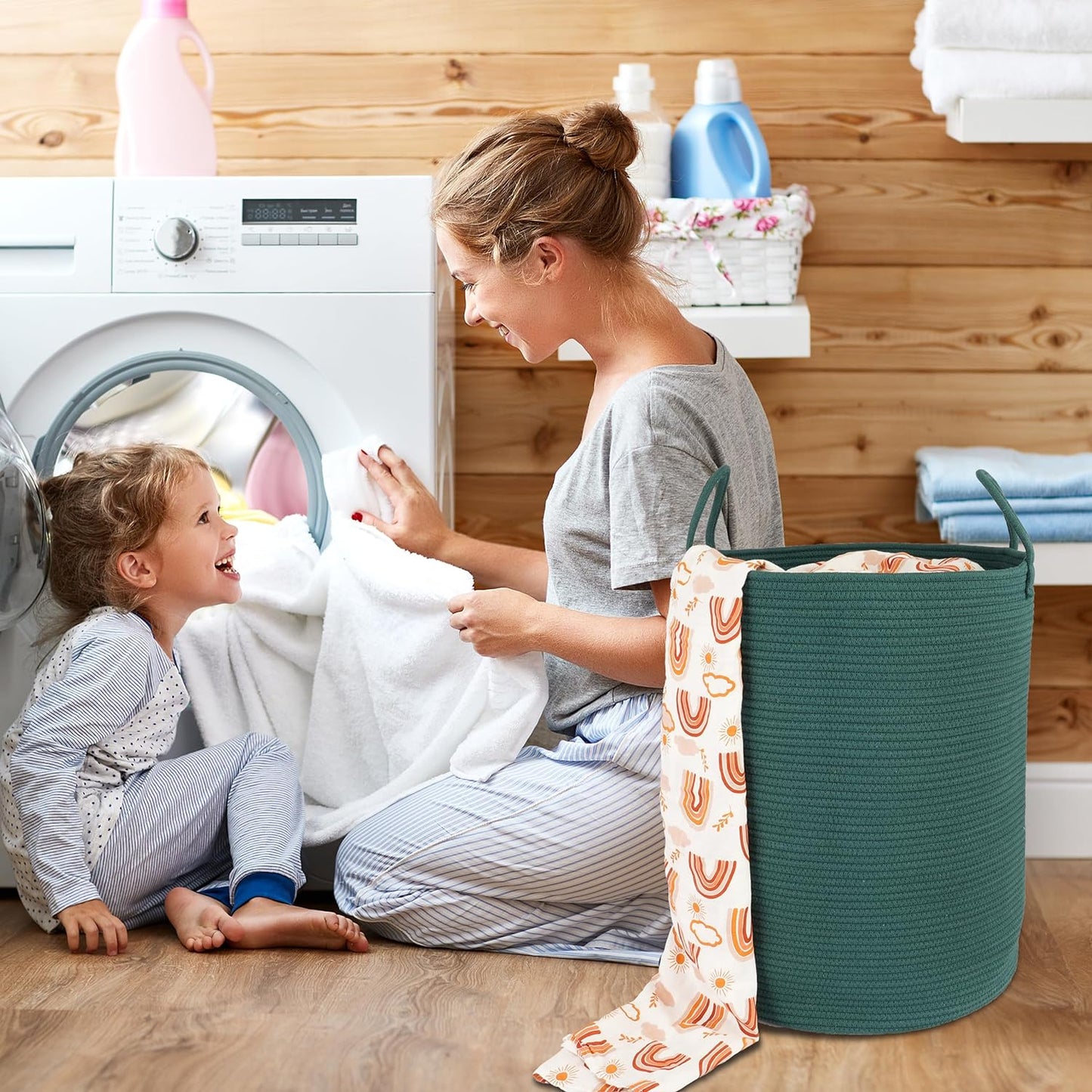 Cotton Rope Laundry Basket Hamper for Clothes Woven Storage Basket for Living Room Bedroom Boho Tall Rope Baskets for Blanket Toys Pillow Towels Baby Nursery Hamper Bin Large dark green