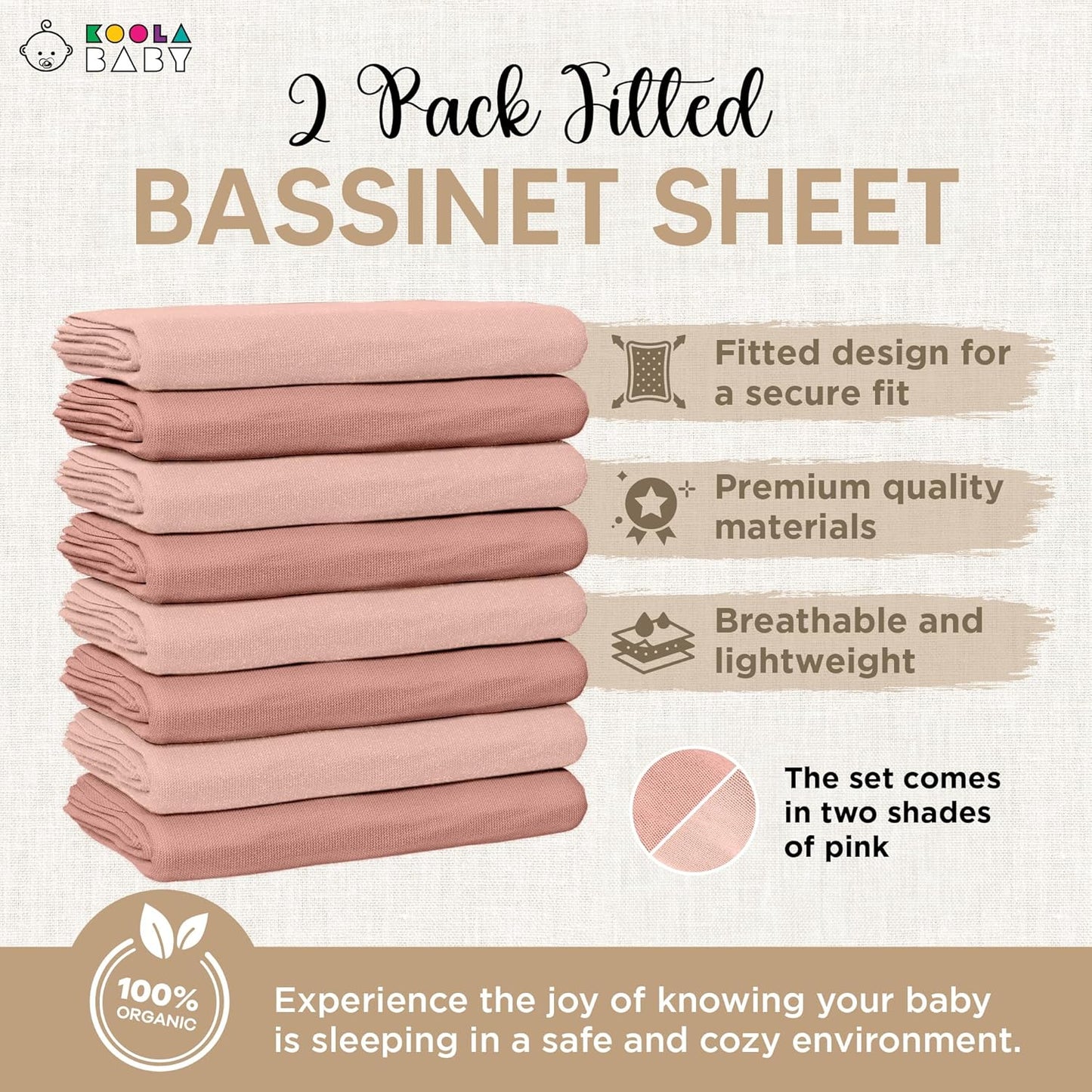 Bassinet Fitted Sheets - Compatible with 4moms MamaRoo Sleep Bassinet | 100% Organic Jersey Cotton - Light Pink + Dark Pink | 30x18 (2 Pack)