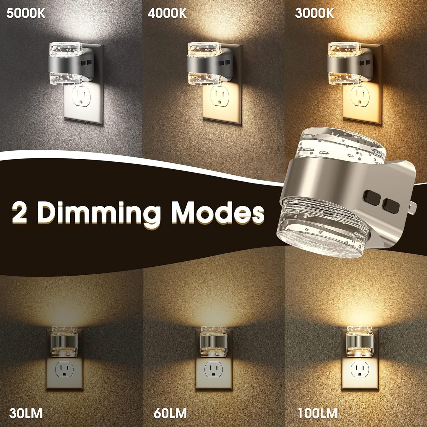 Briignite Night Light Plug into Wall 2 Pack, Dimmable Night Light with Bubble Design 3000K/4000K/5000K & 3 Brightness Levels for Baby Nursery Hallway Bathroom Kids Room, 3CCT