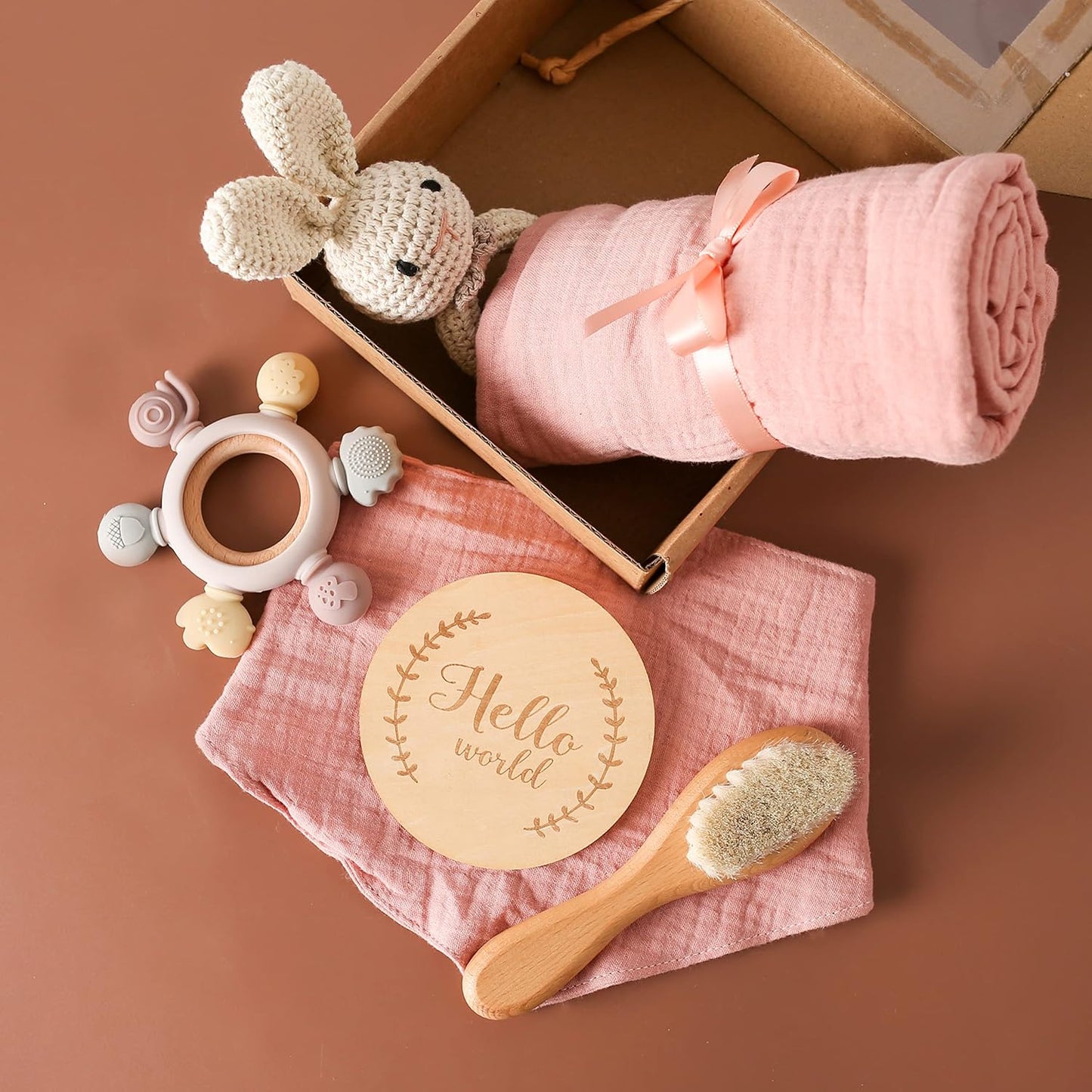 YOUUYS Baby Gift Set for Newborn - Baby Essential Bath Basket Easter Gift Set with Baby Blanket Baby Rattle Teether Toy & Hair Brush Newborn Shower Gift for Easter Day Baby Girls Boys 6PCS (Bunny)