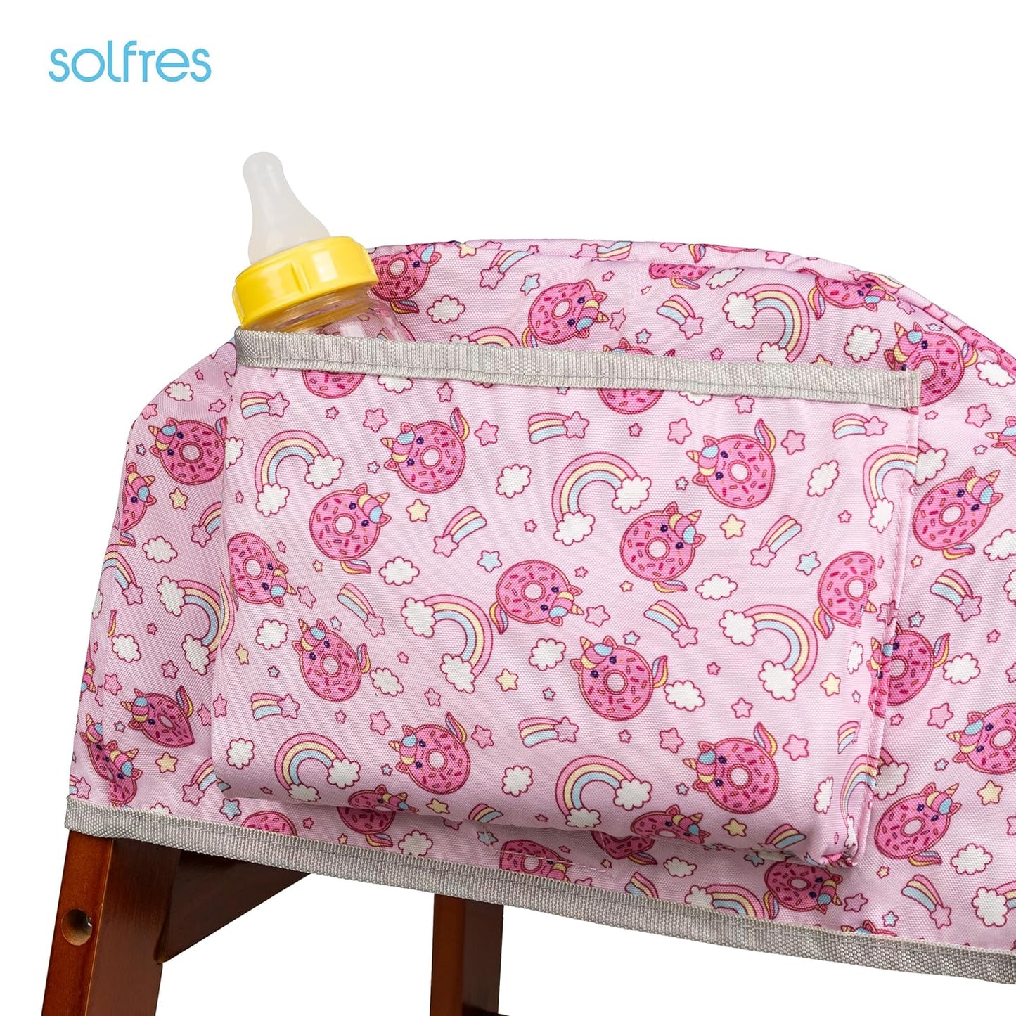 Solfres Dual-Belt High Chair Cover, Baby High Chair Cover, Upgrade Version, for Wooden or Restaurant High Chair, Sturdy and Robust Material, Rainbow Unicorn Donut