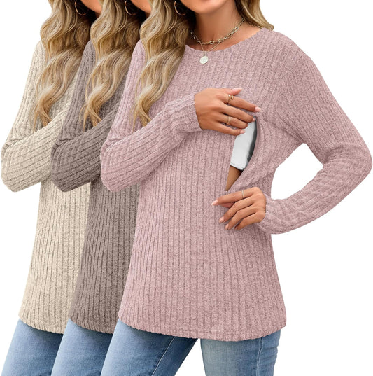 3 Pack Women's Nursing Long Sleeve Tops Breastfeeding Thermal Sweaters with Hidden Zipper Maternity Ribbed Shirts