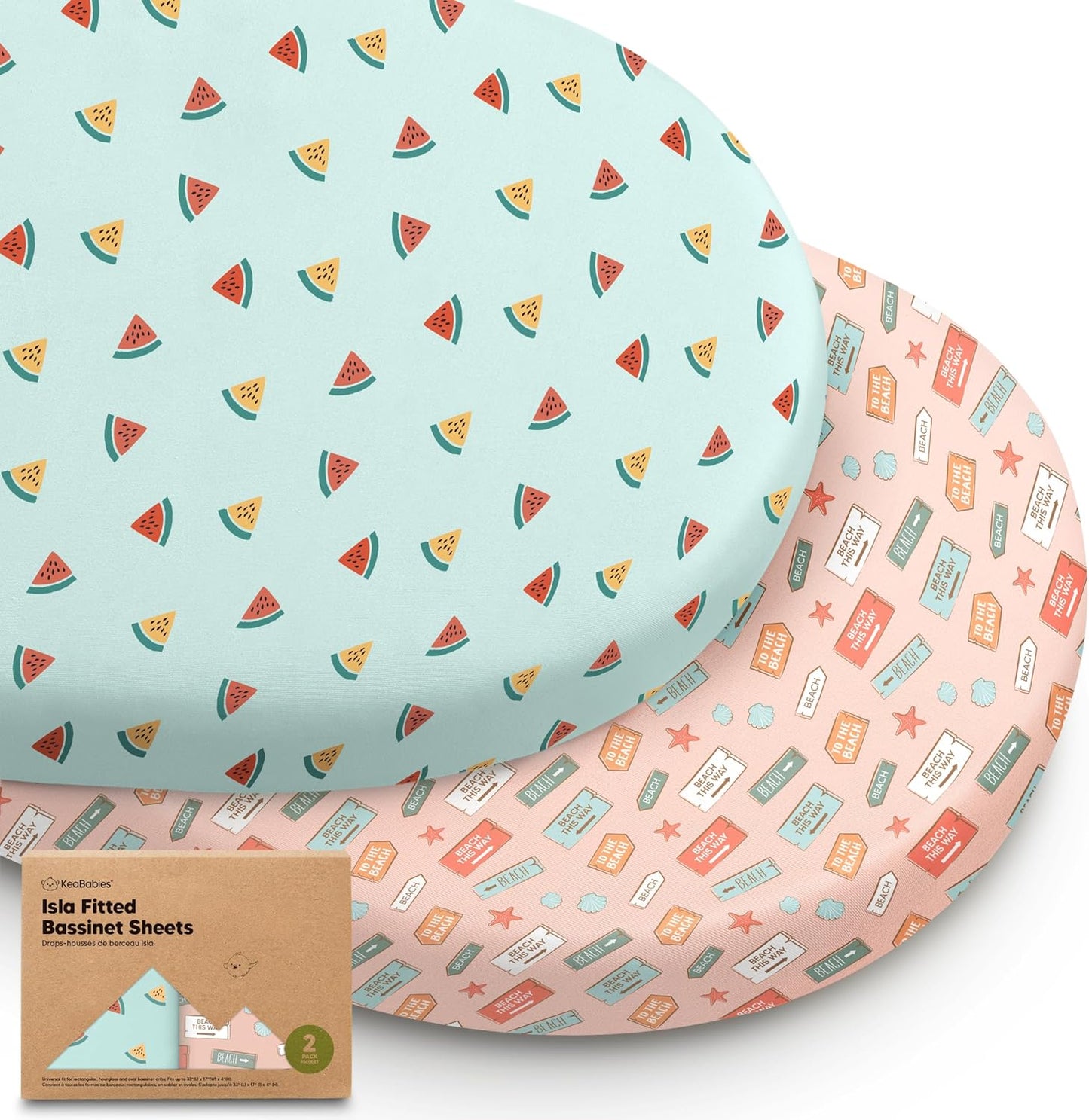 2-Pack Baby Bassinet Sheets Girl, Boy - 33x17 Viscose Derived from Bamboo Bedside Mattress Fitted Bassinet Sheets, Compatible with Halo Bassinest Swivel Sleeper, Baby Delight, Graco (Beach Day)