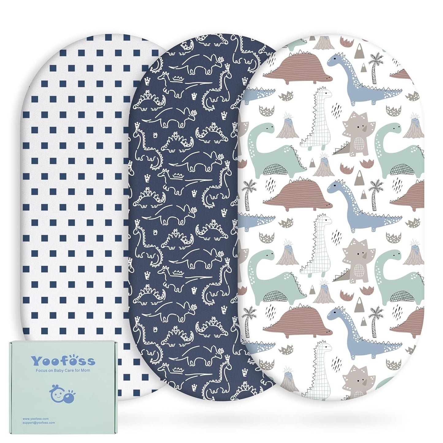Yoofoss Bassinet Sheets for Baby,3-Pack Fitted Bassinet Sheets Set Compatible with Halo Bassinest Swivel Sleeper,Baby Delight,Angelbliss,Soft Breathable Bassinet Mattress Sheets (Dark Blue+Dinosaurs)
