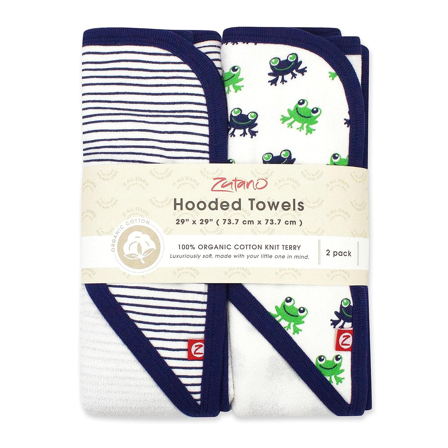 Zutano Hooded Baby Towels, Organic Cotton Baby Bath Towel, Ultra Soft and Absorbent Baby Towel for Newborn and Infant | Girl, Boy, and Unisex Towel Set, Leap Frog, 2-Pack