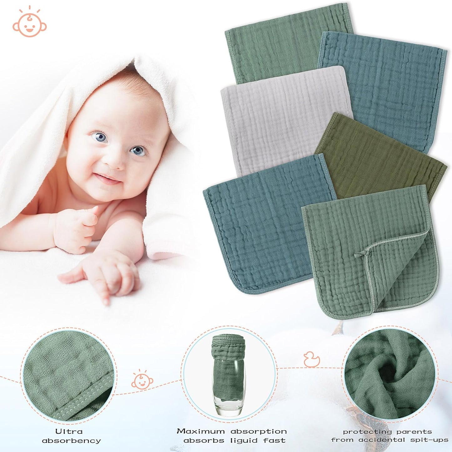 Buryeah Muslin 20 Pcs Burp Cloths Large 20" x 10" 100% Cotton 6 Layers Ultra Absorbent and Soft Hand Washcloths for Baby Drool and Messes Gentle Burp Cloth for Boys & Girls(Dark Colors)